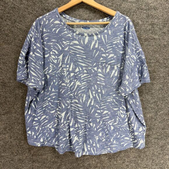 Old Navy T-Shirt Women 2XL Blue Floral Short Sleeve Linen Round Neck Casual - Picture 1 of 7